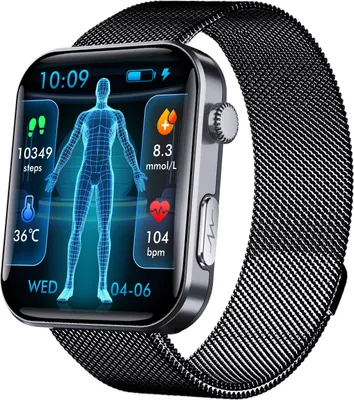 Produktbild von INF Smartwatch – misst Herzfrequenz, Blutdruck, Blutsauerstoff und Schritte Schwarzes Milanaise-Armband