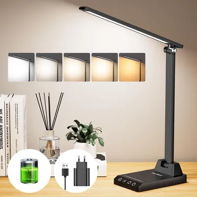 Immagine prodotto di Lampada da scrivania Dimbare - Lampada da tavolo regolabile - Ideale per lettura e lavoro - Wireless con batteria - 5 colori, 10 livelli di intensità - Nero