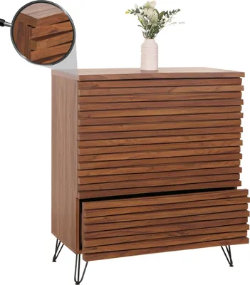 Zdjęcie produktu dla Komoda z szufladami HWC-M49, wysoki kredens, konstrukcja 3D 3 szuflady MDF metal 94x80x45cm ~ orzechowy wygląd