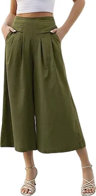 Produktbild von ASKSA Damen Palazzo Hose Leichte Weites Bein Hose Culottes Hosen mit Taschen Freizeithose Sommerhose, Armeegrün, S