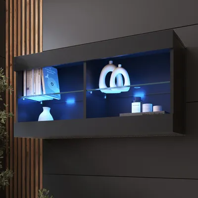 Obrázok produktu pre Komodee, Závesná vitrína skriňa Tivoli, Čierna/Čierna, Šírka 100 cm x Výška 50 cm x Hĺbka 29 cm, LED Modré, 2 police, do obývačky, spálne, predsiene