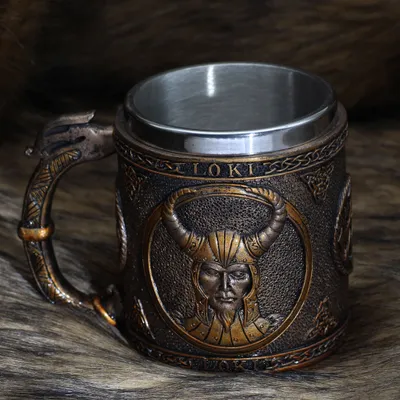 Produktbild von Wikinger-Edelstahlkrug, Wikinger-Bierkrug, Totenkopf-Bierkrug, nordischer Bierkrug, Geburtstagsgeschenk für Männer, Harz-Bierkrug