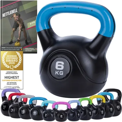 Productafbeelding van Kettlebells met kunststof coating, verkrijgbaar in gewichten van 2 tot 20 kg, kleurgecodeerd, geschikt voor krachttraining en cardio
