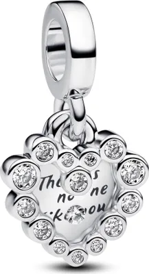 A silver charm in the shape of a heart, adorned with clear crystals, hangs from a bail.