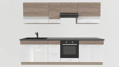 Produktbild von Küchenzeile 270 cm - ECONO A PLUS - Sonoma Eiche - Weiß Hochglanz - Mit Arbeitsplatte Dunkelbraun - Einbauküche mit Soft-Close - Metallbox Schubladen