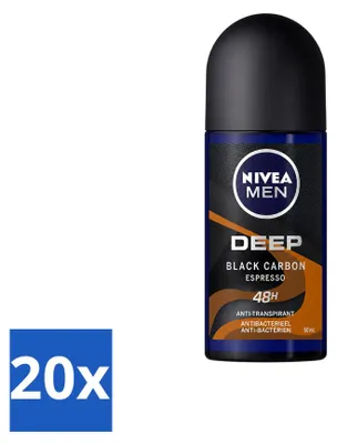 Productafbeelding van 20 x NIVEA MEN Deodorant Roller Deep Black Carbon Espresso - 50 ml - Voordeelverpakking - 20 stuks