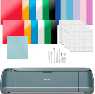 A bundle of crafting supplies including a cutting machine, various colored vinyl sheets, cutting mats, and tools, all arranged on a white background.