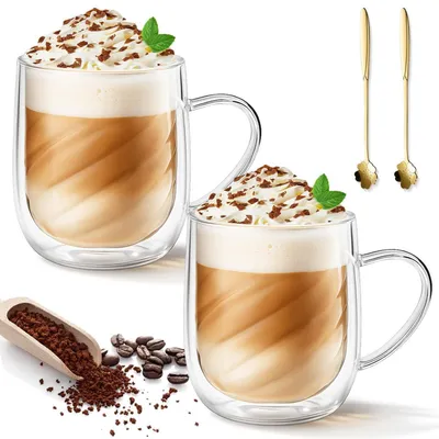 Produktbild von 4er Set Doppelwandige Kaffeegläser 350ml mit Henkel & 4 Löffel Borosilikatglas