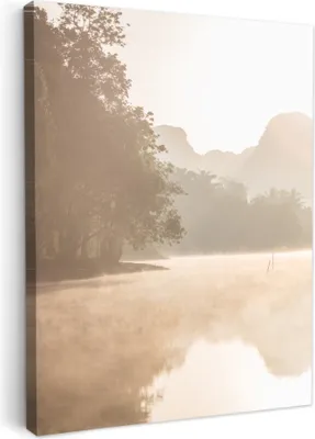 Produktbild von MuchoWow® - Leinwandbilder - Landschaft - Wald - Wasser - Nebel - Beige, Wandbild, Wanddeko Bilder Wohnzimmer, 30x40 cm