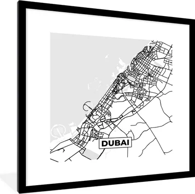 Produktbild von MuchoWow® Gerahmtes Poster Karte - Dubai - Schwarz und weiß - Stadtplan - Karte 40x40 cm - Poster mit Schwarzem Bilderrahmen Wandposter Rahmen Foto Bilder - Poster - Plakat im Rahmen