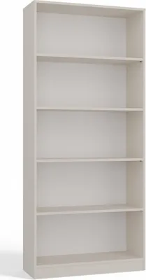 An empty, light-colored bookshelf against a white background.
