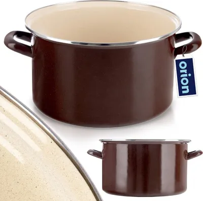 A brown enamel pot with two handles, shown from a slightly elevated angle, with a close-up of the pot's rim and a smaller view of the pot at the bottom.