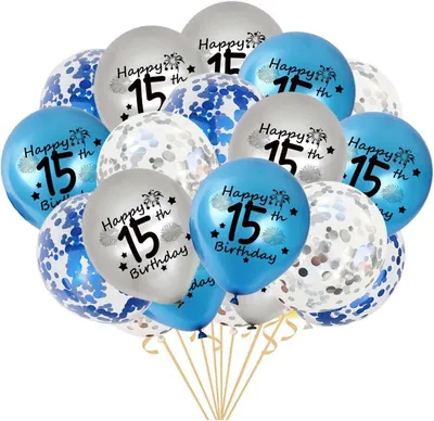 Produktbild von Geburtstagsballons 15 Jahre, 20 Stück, blau silber, Latex Konfetti Ballons, für Jungen