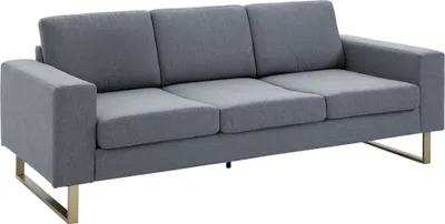 A gray three-seater sofa with metal legs is shown against a white background.