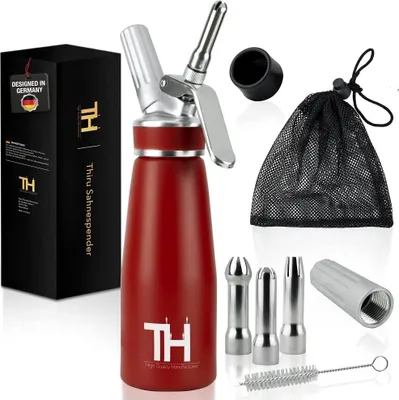 Produktbild von Thiru Sahnespender 500ml inkl. 3 Edelstahl Tüllen - Sahnesyphon mit E-Book – Kirschrot / 48 Kapseln - Beliebt