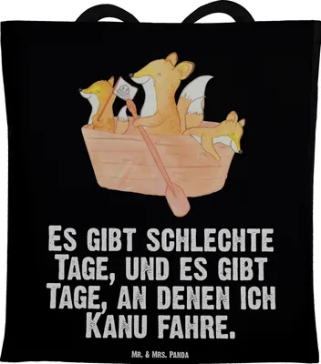 Produktbild von Mr. & Mrs. Panda Tote Bag Fuchs Kanufahren - Schwarz - Geschenk, Schultasche, Kanuverleih, Kanu fahren, Kanutour, Shopping Tasche, Büchertasche, Tragetasche, Schule