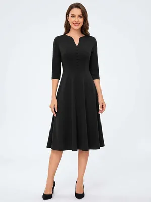 Image de Robe midi pour femme, manches longues, habillée, élégante et confortable, noire, taille L