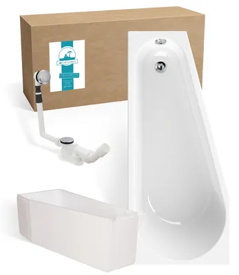 Produktbild von Calmwaters® Raumsparende Eckbadewanne 160x70 cm, Set mit Acrylwanne Essential Small, Wannenträger, Ab- und Überlaufgarnitur, platzsparende Badewanne rechter Ausführung, 160 x 70 cm, Weiß, 99000328