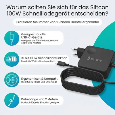Produktbild von Siltcon® USB-C Ladegerät 100W V2 – USB-C Adapter mit 2m Kabel – geeignet für Windows Laptops, MacBook, Tablets, Smartphones & Gaming-Handhelds – 15W bis 100W