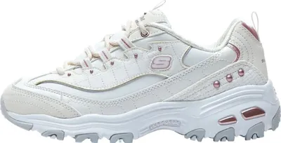 A side view of a white Skechers D'Lites sneaker with pink accents.