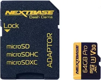 Zdjęcie produktu dla Karta pamięci micro SD Nextbase 64 GB, adapter U3 klasy 10+ SD, kompatybilny z kamerami samochodowymi DVR