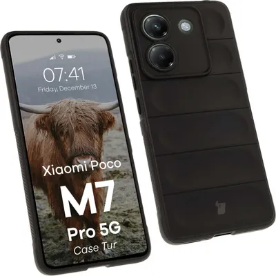 A black phone case is shown next to a smartphone displaying a lock screen.