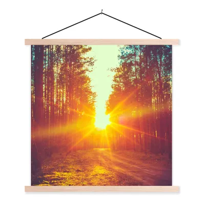 Produktbild von MuchoWow® Textilposter Sonnenuntergang - Bäume - Wald - Natur 60x60 cm mit holzfarbenen Rahmen - Wanddekoration