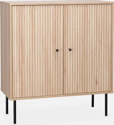 A light wood sideboard with two doors and black legs, shown against a white background.