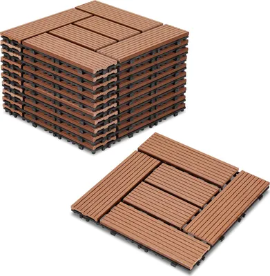 Zdjęcie produktu dla Płytki tarasowe Izrielar WPC, 30 x 30 cm, zestaw ekonomiczny 88 sztuk na 8 m², brązowe z efektem drewna, do ogrodu i na balkon, z drenażem i systemem zatrzaskowym