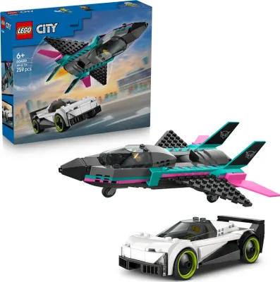 Produktbild von LEGO City Düsenflieger vs. Rennauto - Spielzeug Set mit Flugzeug, Supersportwagen und Pilot und Fahrer Minifigur - Geburtstagsgeschenk für Jungen ab 6 Jahren - 60489