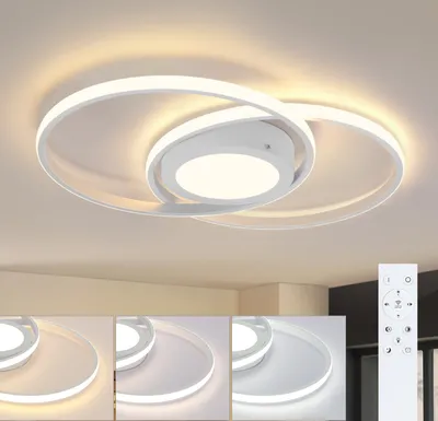 A modern LED ceiling light with a swirling design, shown in different lighting conditions and with a remote control.