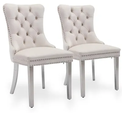 Image de Ensemble de deux chaises de salle à manger en velours, avec un dossier haut et une structure en bois d'hévéa argenté, couleur beige