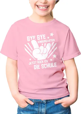 Produktbild von Kinder T-Shirt Mädchen Bye Bye Kindergarten Abschied Geschenk zur Einschulung Schulanfang Moonworks® rosa 122-128 (7-8 Jahre)