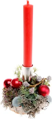 Produktbild von Adventsgesteck auf Birkenscheibe mit Stabkerze rot CreaFlor Home