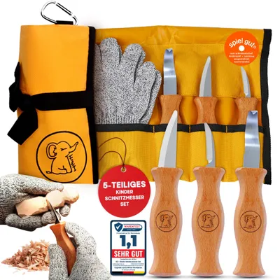 Produktbild von Eli®Schnitzmesser Kinder Set ab 6 Jahre, hochwertiges 5-teiliges Kindermesser Schnitzset inkl. schnittfeste Handschuhe, Kinderschnitzmesser, Messer