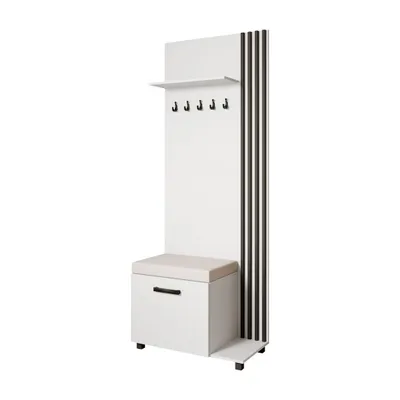 Produktbild von Garderobenschrank LIVIA Rechts Weiß – Garderobe mit Kleiderhaken, Schuhschrank, schwarze Lamellen, hellbeiges Sitzkissen, Hochschrank, Flurmöbel