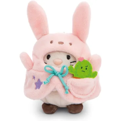 A plush toy of a cat wearing a bunny costume, holding a cactus.