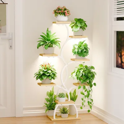 Zdjęcie produktu dla Stojak na rośliny z lampą do wzrostu - 124 cm - 8 poziomów - Biały