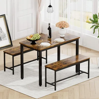 Obrázek produktu pro Jídelní stůl Barový stůl se 2 lavicemi 110x60x75 cm Průmyslový design Kuchyňský stůl Snídaňový stůl Sada pro kuchyň Obývací pokoj Rustikální hnědá Černá