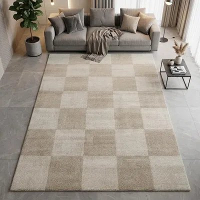 Produktbild von Pflegeleichter Kurzflor Teppich Beige mit dezentem Karomuster Größe - 160 x 230 cm