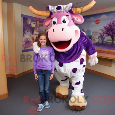 Productafbeelding van Mascottefiguur REDBROKOLY van een paarse Guernsey-koe gekleed met een moederjeans en stropdassen