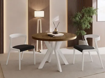Produktbild von Runder Esstisch Ausziehbar 80-130 cm – Verlängerbar, für 4-6 Personen mit Weißen Holzbeinen – Tisch für Wohnzimmer & Esszimmer in Eiche Braun Rustikal