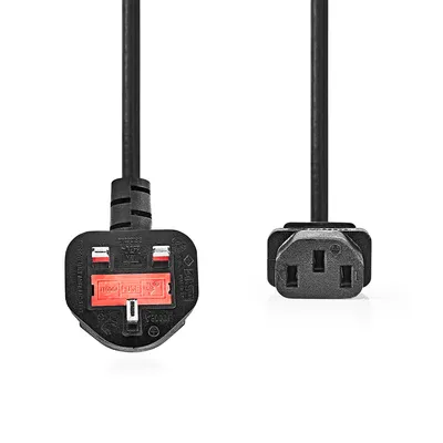 Zdjęcie produktu dla Kabel zasilający | Wtyczka brytyjska męska | IEC-320-C13 | Kątowy | Prosto | Niklowane | 2,00 m | Okrągły | PCV | Czarny | Etykieta