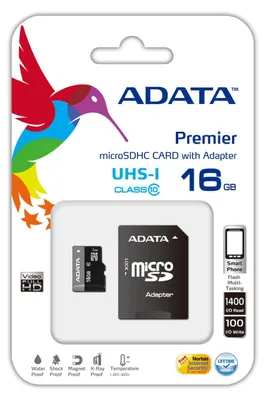 Obrázek produktu pro ADATA Premier microSDHC UHS-I U1 Class10 16GB, 16 GB, MicroSDHC, Třída 10, 30 MB/s, 10 MB/s, Černá, Šedá
