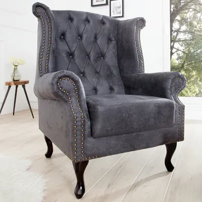 Produktbild von riess-ambiente Chesterfield Ohrensessel antik grau Microfaser mit Knopfheftung Lesesessel Relaxsessel