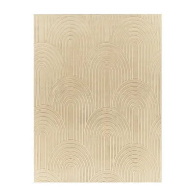 A flat lay of a rug with a geometric arch pattern.