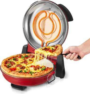 Produktbild von Pizzaofen, 304,8 mm elektrischer Pizzaofen, 1200 W elektrischer Pizzaofen mit Cordieritstein, 5-stufige Temperaturregelung, Sichtfenster für präzises Garen, Heizt auf bis zu 420 °C, für zu Hause (rot)