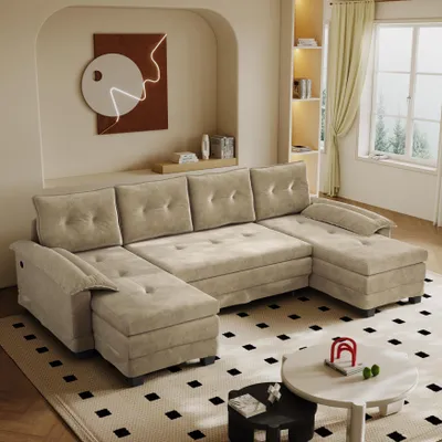 Produktbild von STILVORA Schlafsofa U-förmig mit ausziehbarem Bett und USB-Ladefunktion, Ecksofa mit abnehmbaren Armlehnen, Wohnzimmersofa modular extragroß