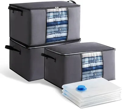 Productafbeelding van Opbergvakken van vliesstof - Set van 3 - 60 x 40 x 35 cm (donkergrijs) + 3 vacuümzakken 70 x 50 cm - Kleding - Wasgoed