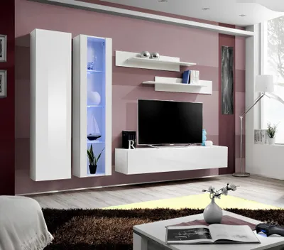 Productafbeelding van Moderne wandmeubelset, wit. Design woonkamer meubels, houten wandkast